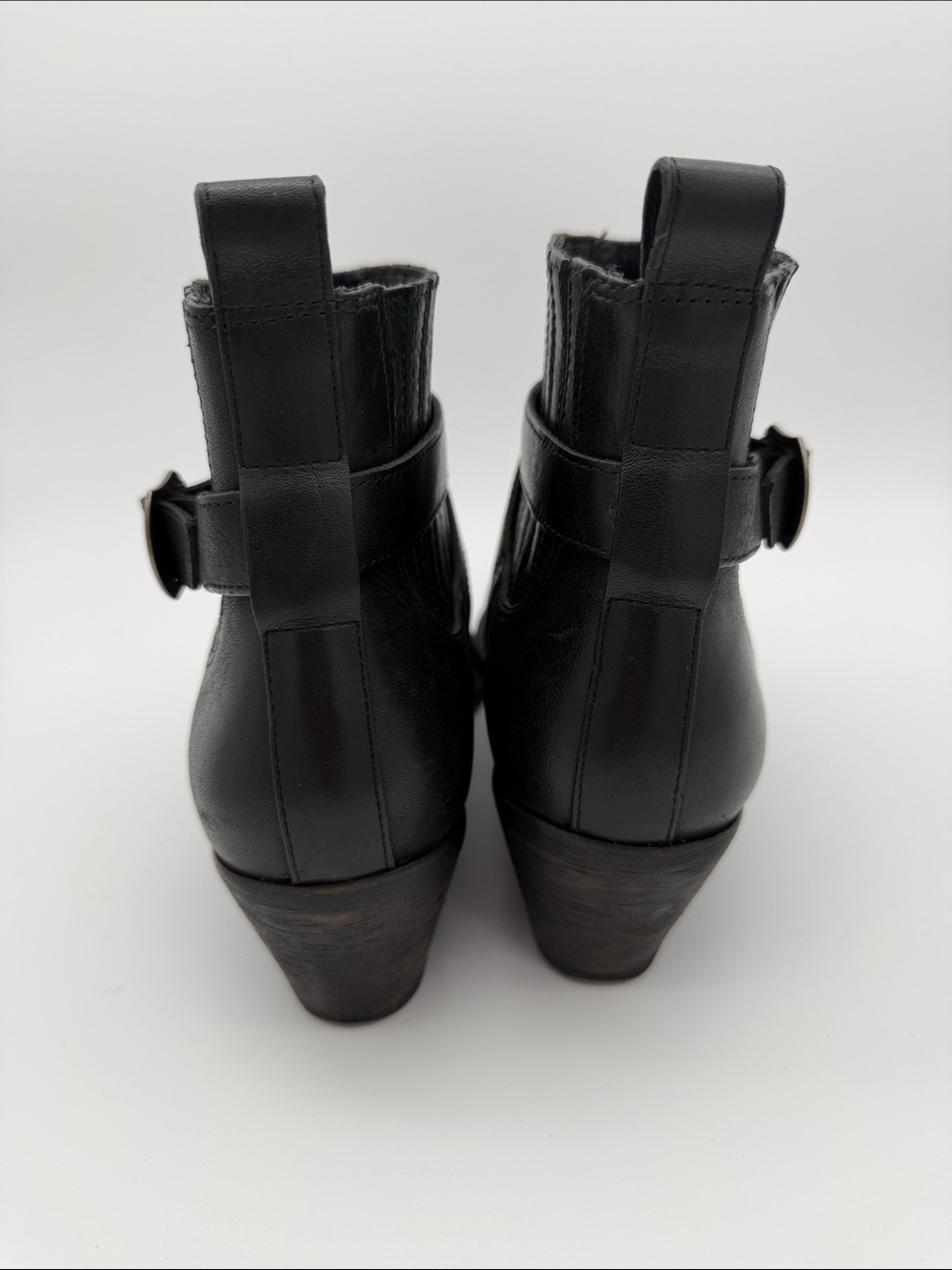 All Saints Western Style Ankle Booties Black Leather Boots Belt Sz 8 Pointed Toe - Picture 7 of 16